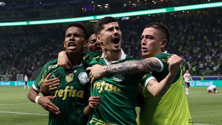 Palmeiras comemorando contra o botafogo SP